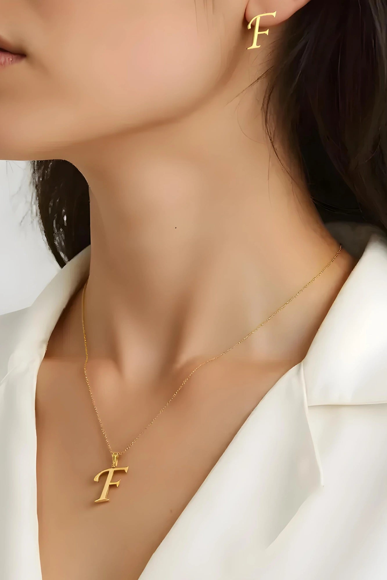 OMID Gold-Plated Alphabet "F" Jewellery Set – Pendant Necklace With Stud Earrings Set For Women and Girls