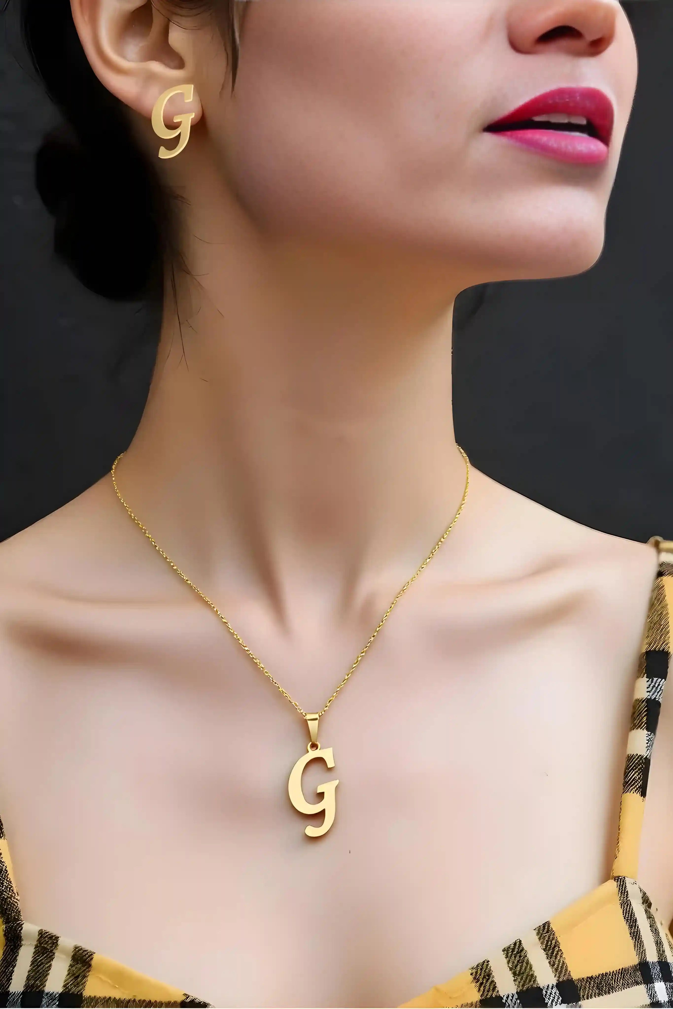 OMID Gold-Plated Alphabet "G" Jewellery Set – Pendant Necklace With Stud Earrings Set For Women and Girls