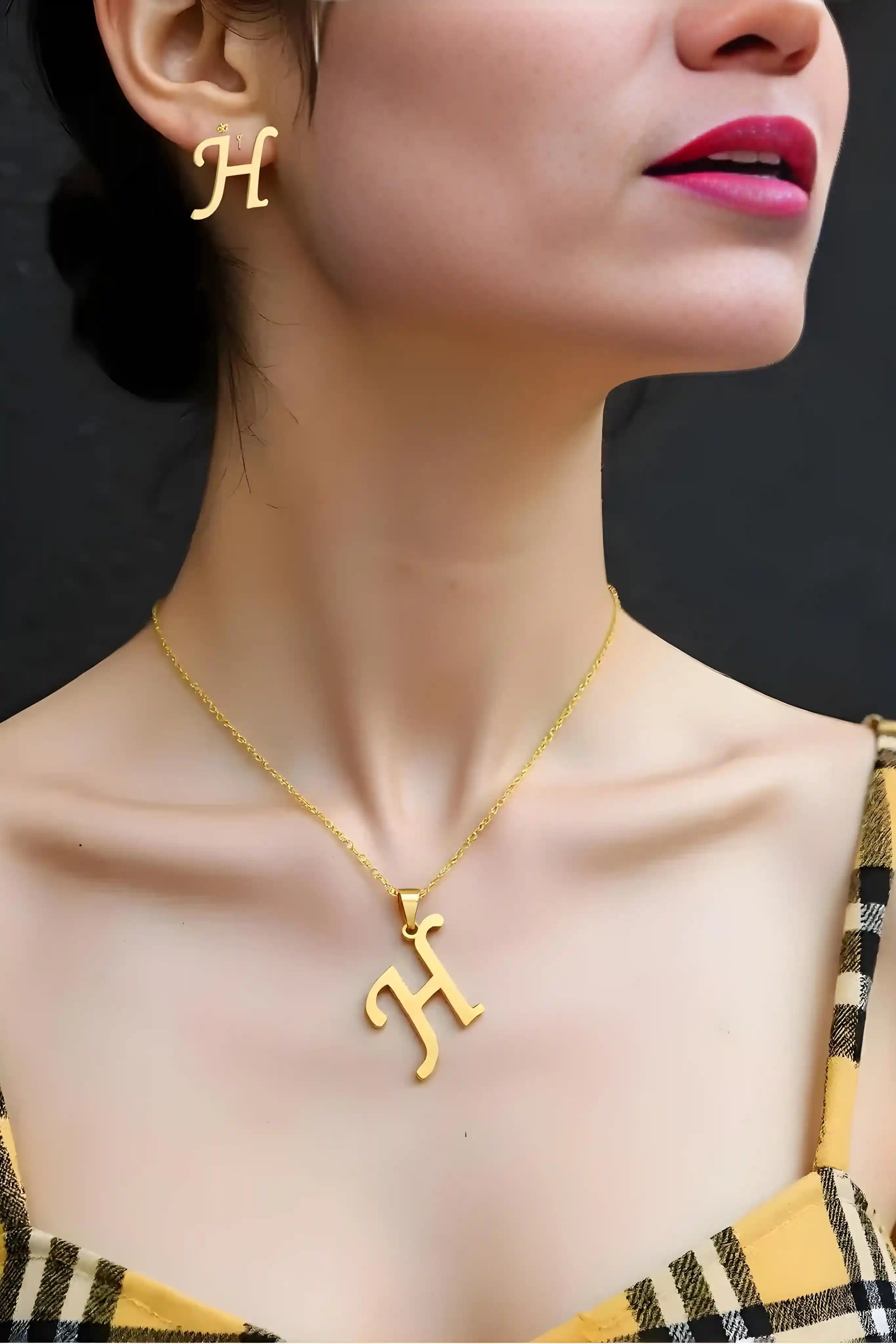 OMID Gold-Plated Initial "H" Pendant Necklace With Stud Earrings Set For Women And Girls