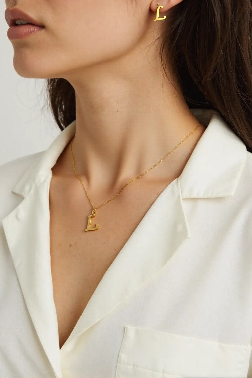 OMID Gold-Plated "L" Initial Pendant Necklace and Earring Set for Women And Girls