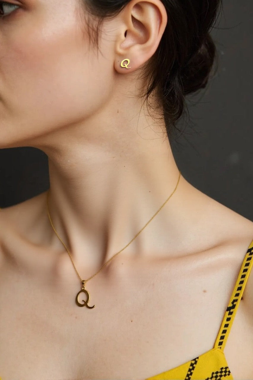 OMID Gold-Plated Alphabet "Q" Pendant Necklace and Earring Set for Women and Girls