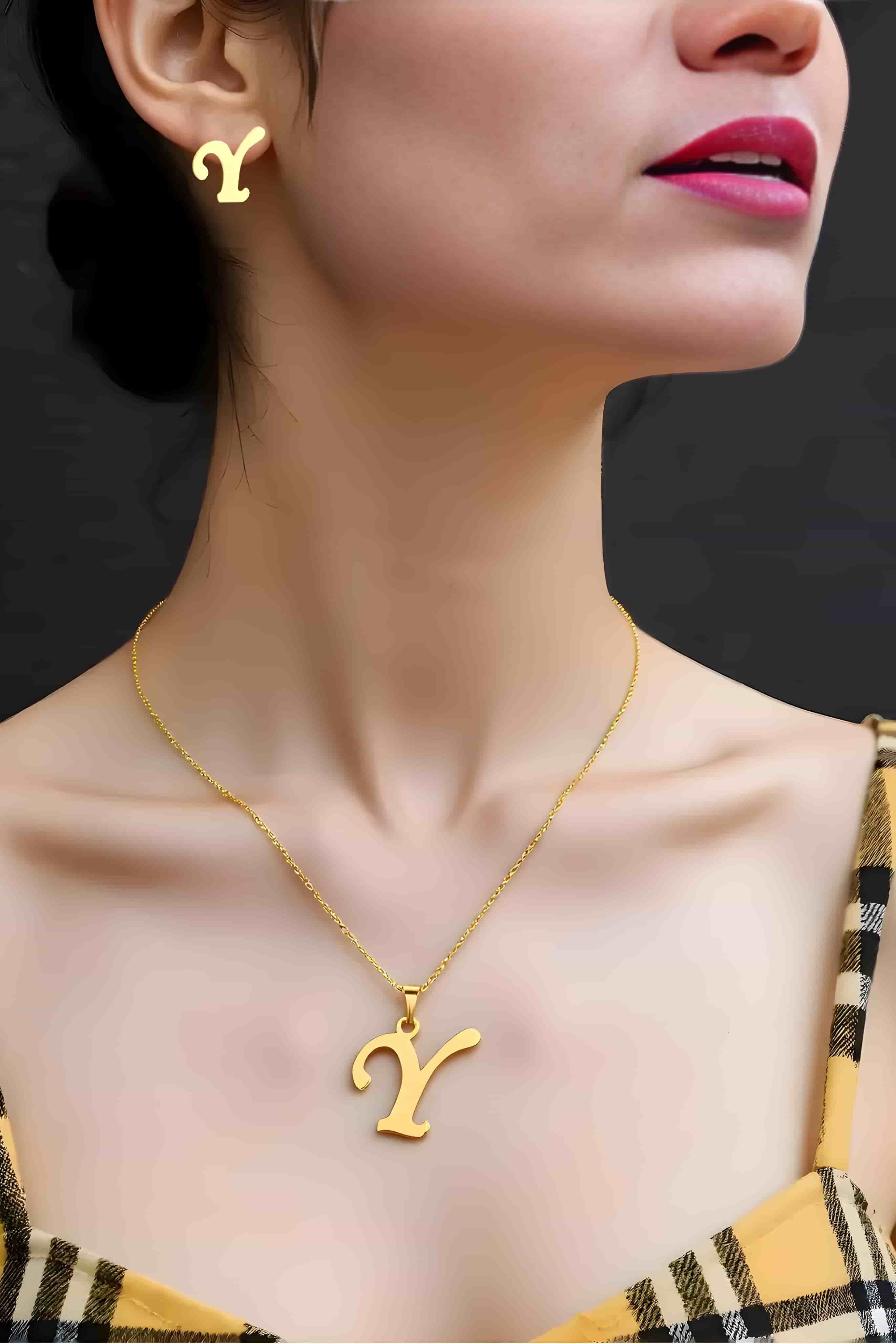 OMID Gold-Plated Alphabet "Y" Pendant Necklace and Earring Set for Women and Girls