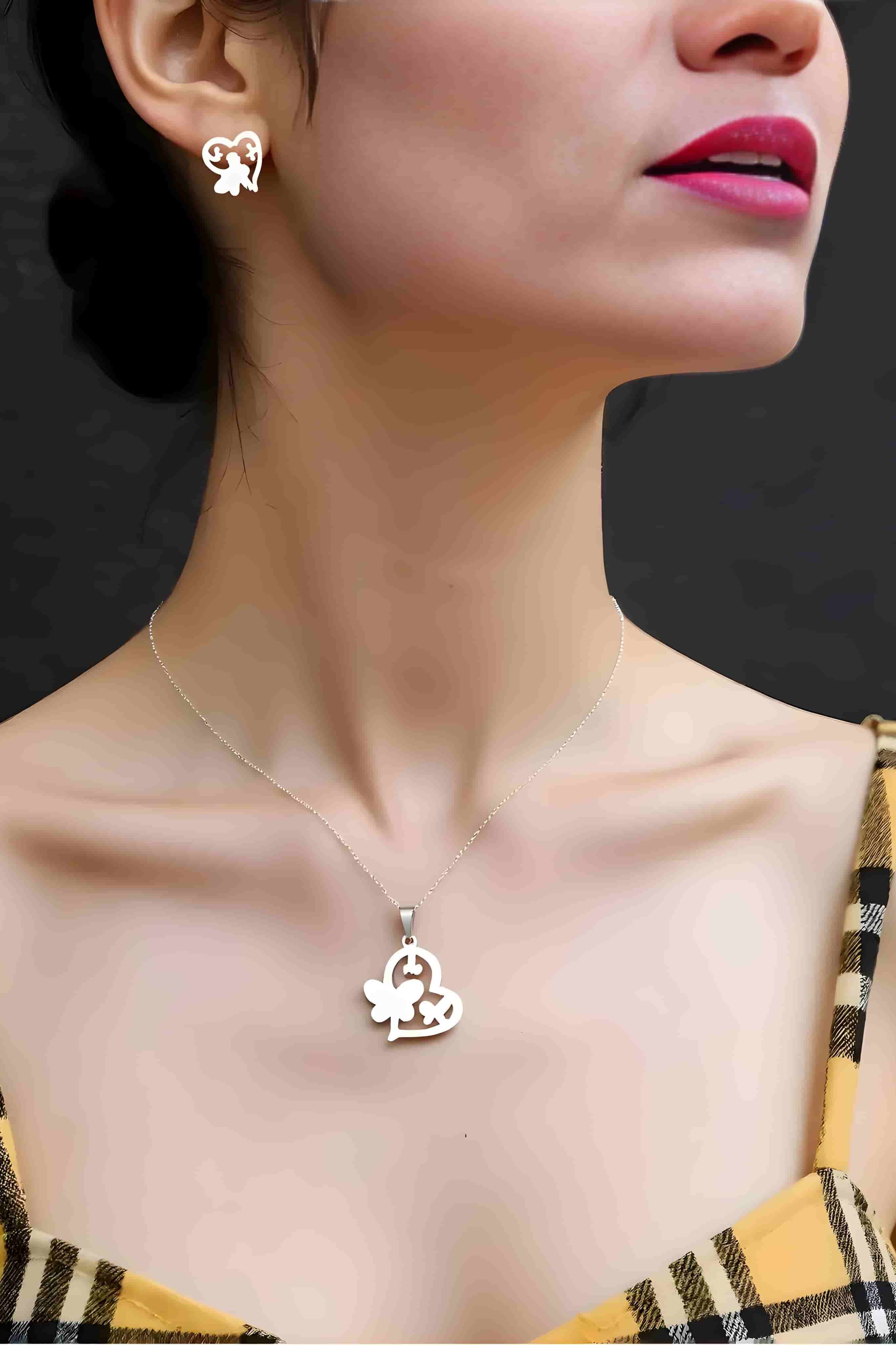 OMID Sterling Silver Heart and Butterfly Jewellery Set for Women, Pendant Necklace and Matching Stud Earrings For Women and Girls