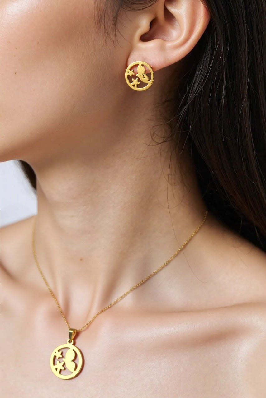 OMID Gold Plated Butterfly Pendant Necklace And Stud Earrings Jewellery Set for Women and Girls