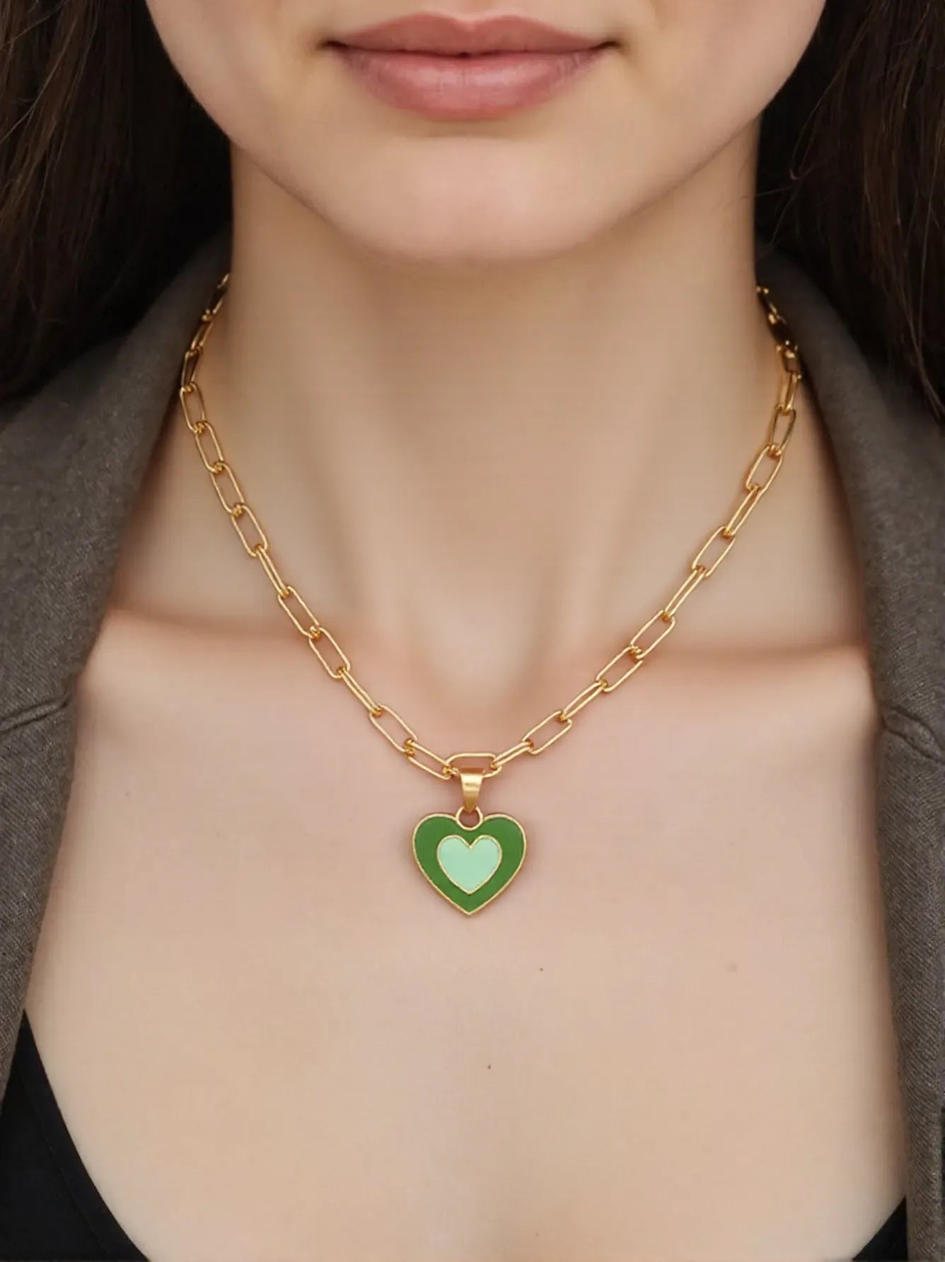 OMID Heart Charm Pendant Necklace for Women and Girls – Gold-Plated Link Chain with Dual-Tone Enamel Heart