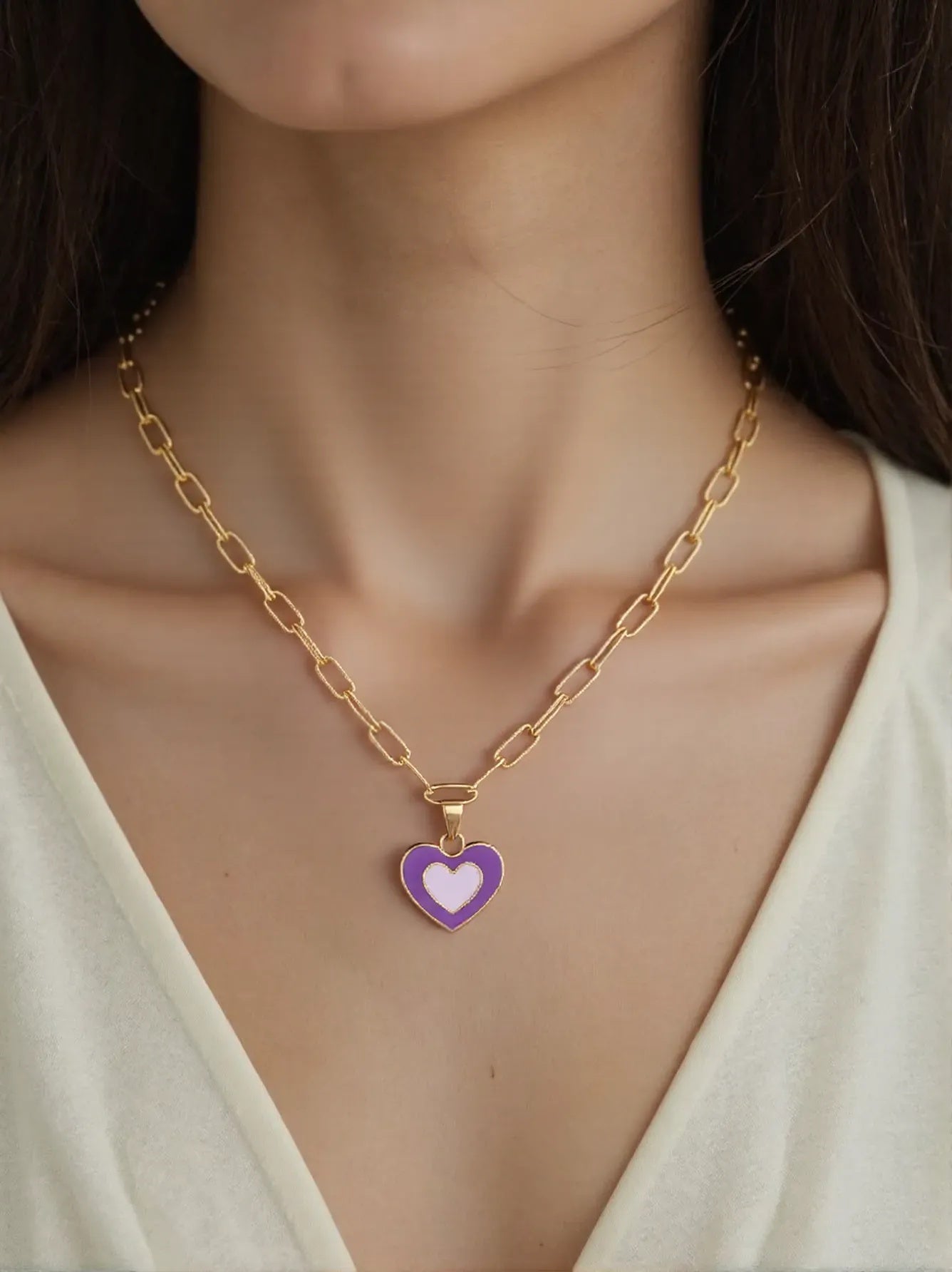 OMID Heart Charm Pendant Necklace for Women and Girls – Gold-Plated Link Chain with Dual-Tone Enamel Heart