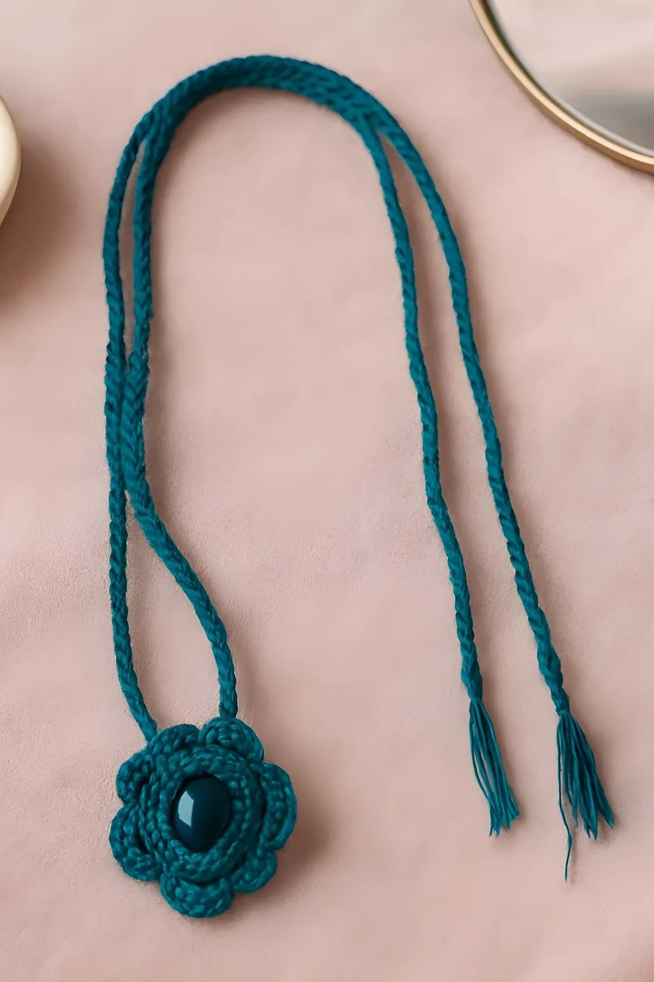 OMID, Handcrafted Silk Thread Parandi for Hair | Traditional Punjabi Braided Hair Accessory with Crochet Flower | Teal Blue | Women & Girls