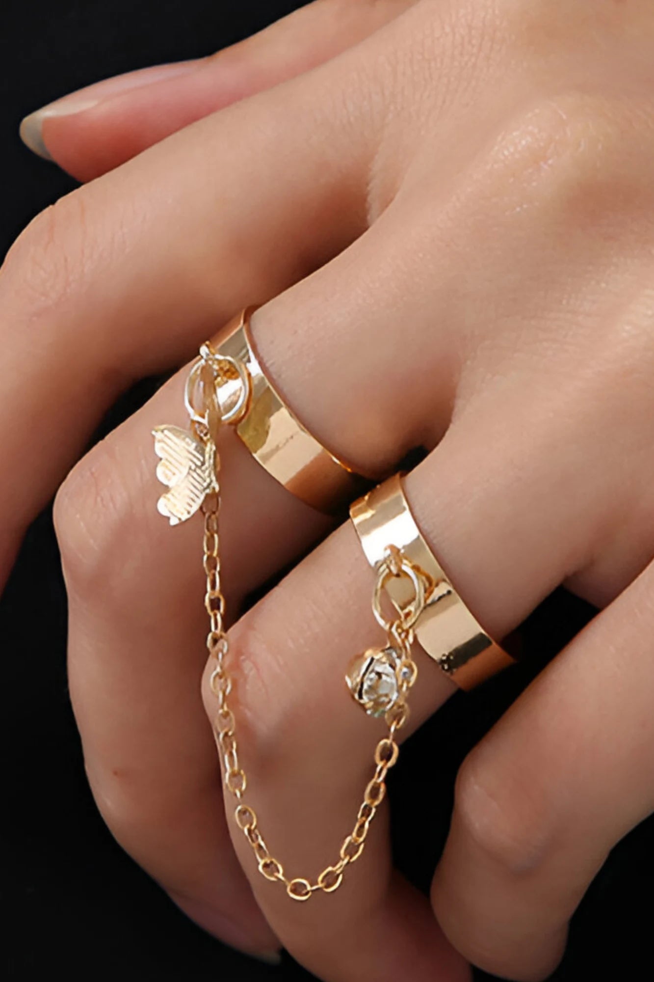 OMID Elegant Gold Plated Dual Chain Ring with Crystal and Butterfly Charm for Women and Girls