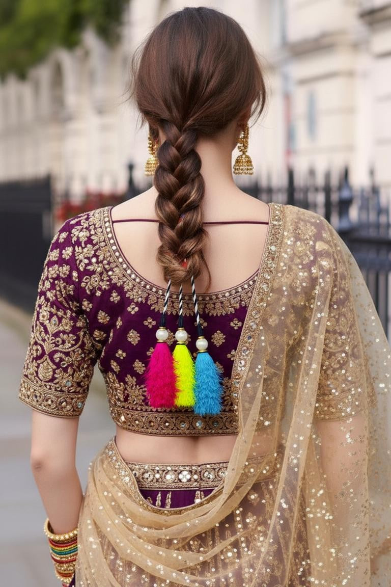 OMID, Traditional Punjabi Parandi Hair Accessory for Women and Girls – Multicolor Tassel Braid Extension with Pearls & Beads