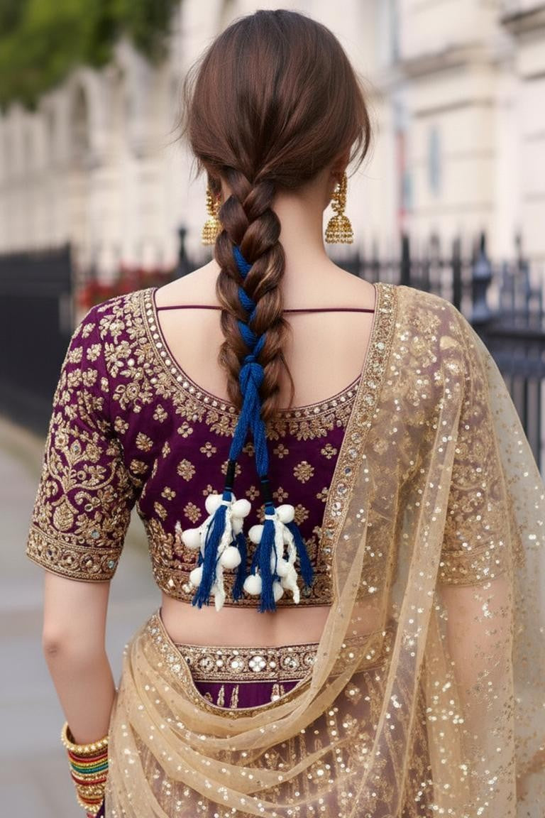 OMID, Traditional Punjabi Parandi for Hair | Handmade Blue & White Yarn Braid Hair Accessory with Pom Pom Tassels
