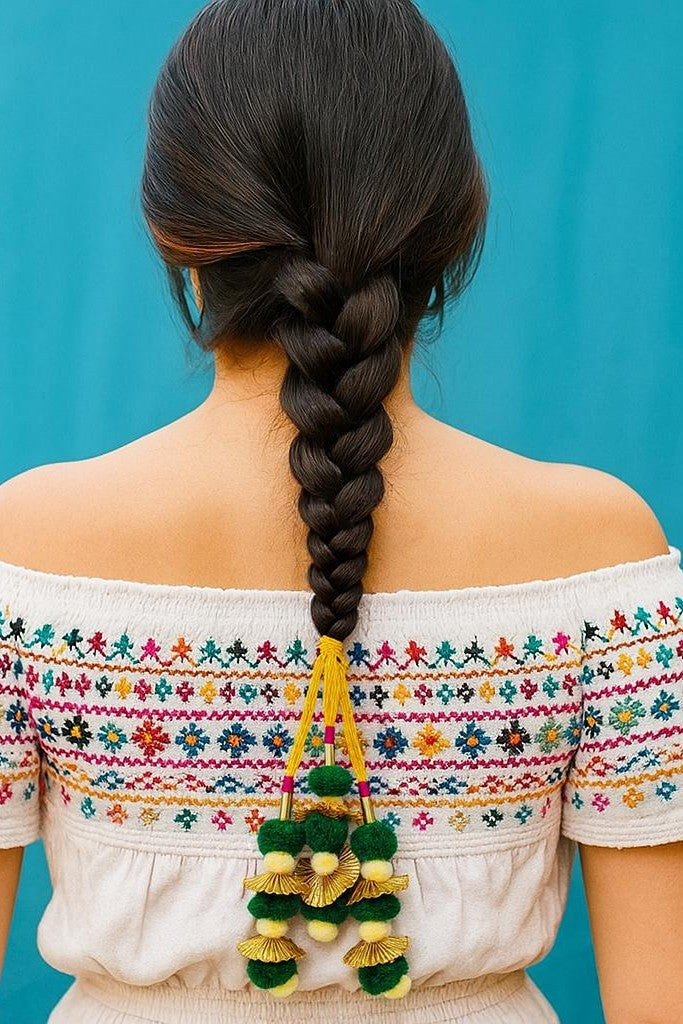 OMID, Traditional Punjabi Parandi Hair Accessory - Handmade Yellow & Green Paranda with Decorative Tassels for Women & Girls