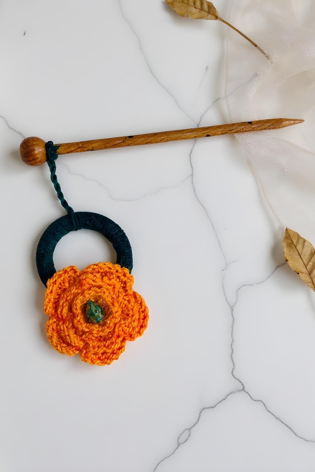 OMID, Handcrafted Floral Parandi Hair Accessory – Traditional Indian Braid Ornament with Crochet Flower & Wooden Stick