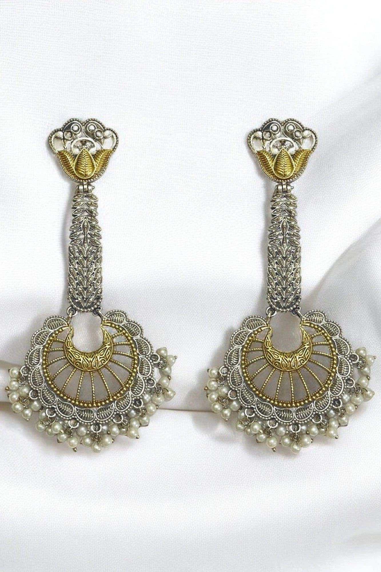 OMID Traditional Antique Gold & Silver Plated Dangle Earrings with Pearl Beads for Women & Girls