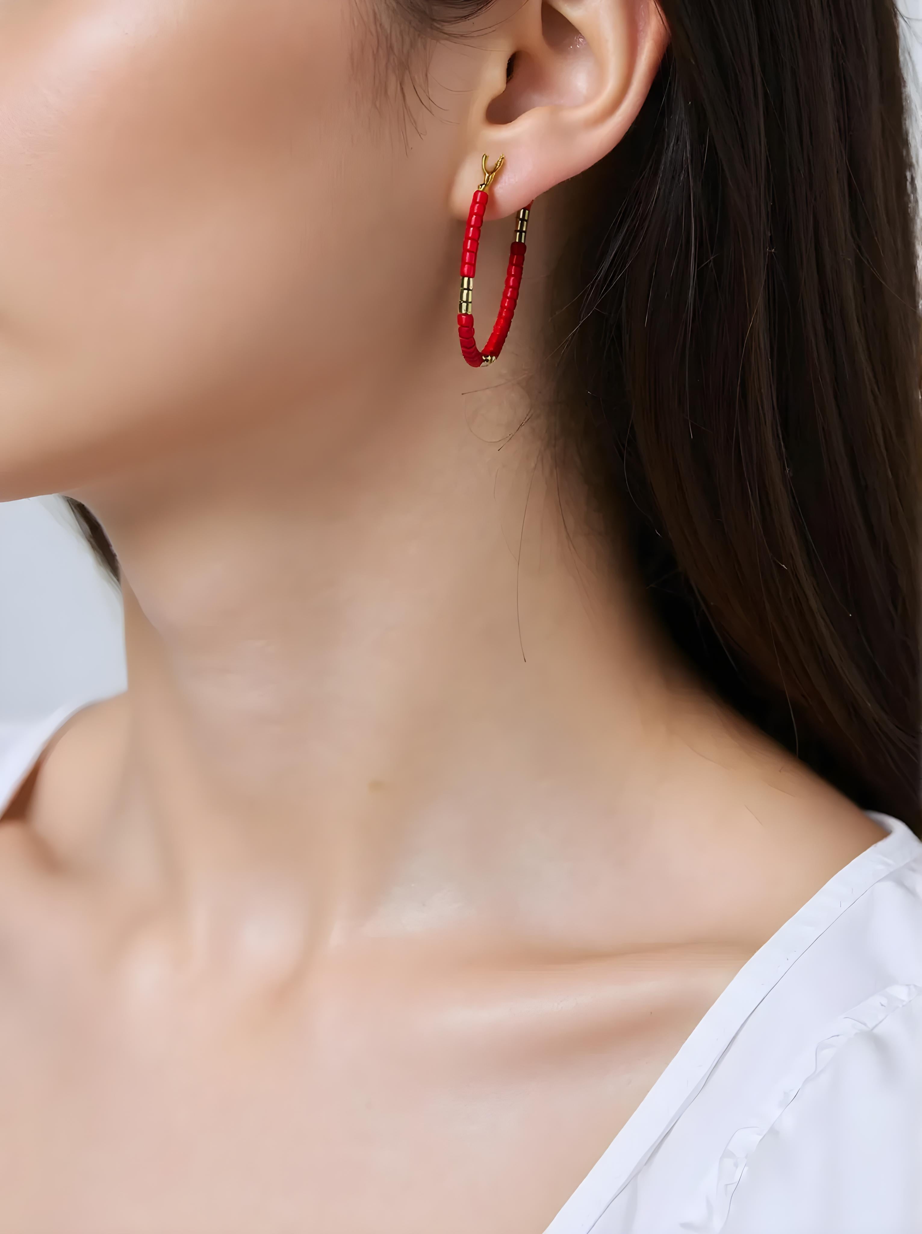 OMID Handmade Red Beaded Hoop Earrings for Women and Girls, Lightweight Tribal Boho Jewellery For Women and Girls