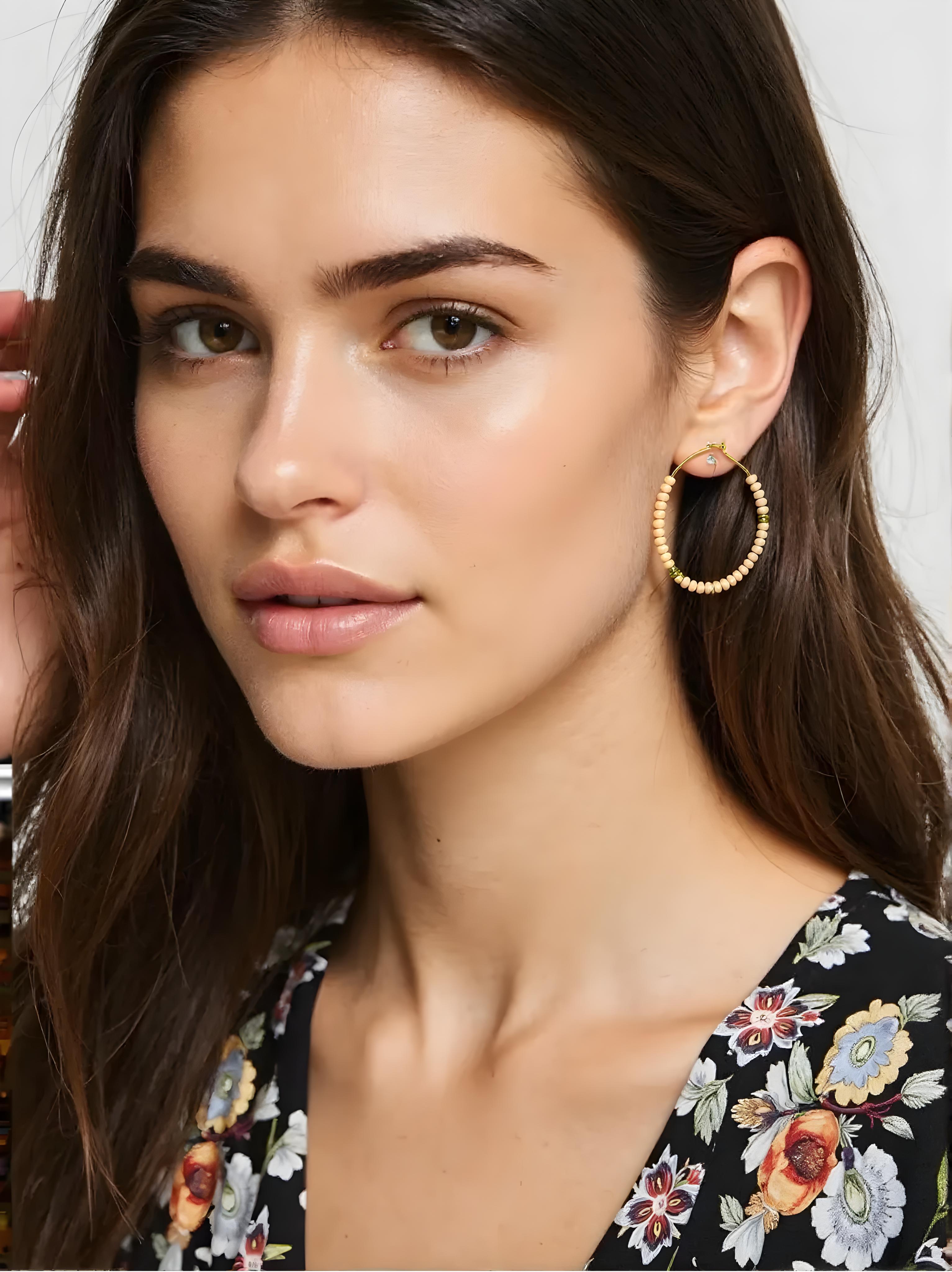 OMID Handmade Yellow Beaded Hoop Earrings for Women and Girls, Lightweight Tribal Boho Jewellery For Women and Girls