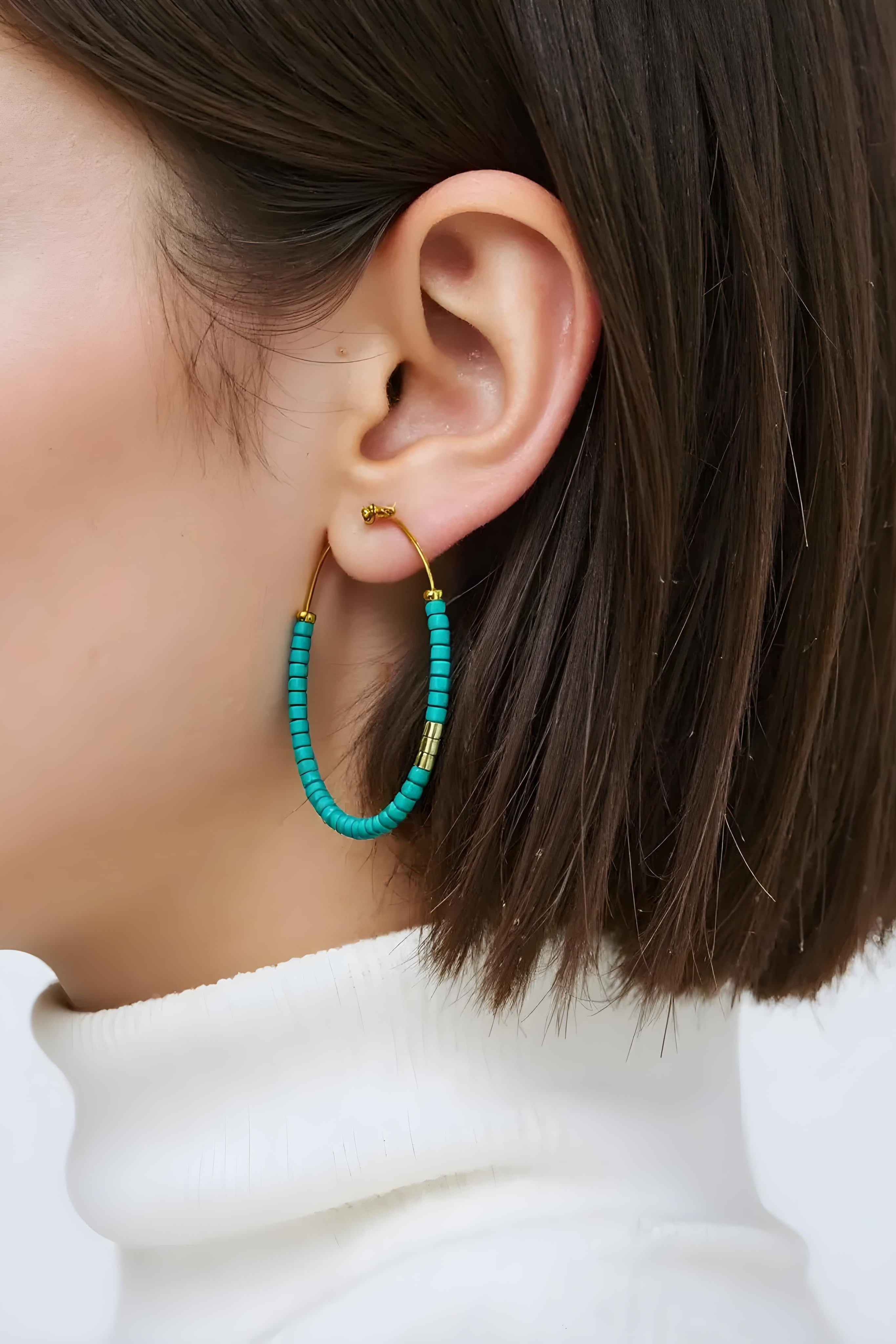 OMID Handmade Green Beaded Hoop Earrings for Women and Girls, Lightweight Tribal Boho Jewellery For Women and Girls
