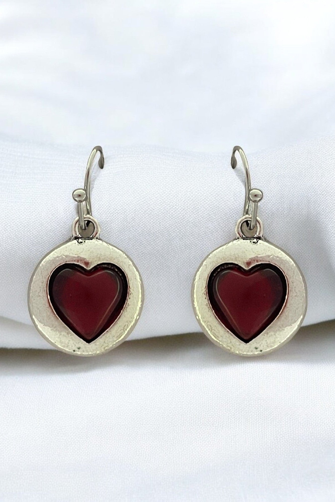 OMID Red Heart Dangle Earrings for Women, Vintage Silver-Tone Drop Earrings with Glass Inlay-Romantic Jewellery for Girls & Women
