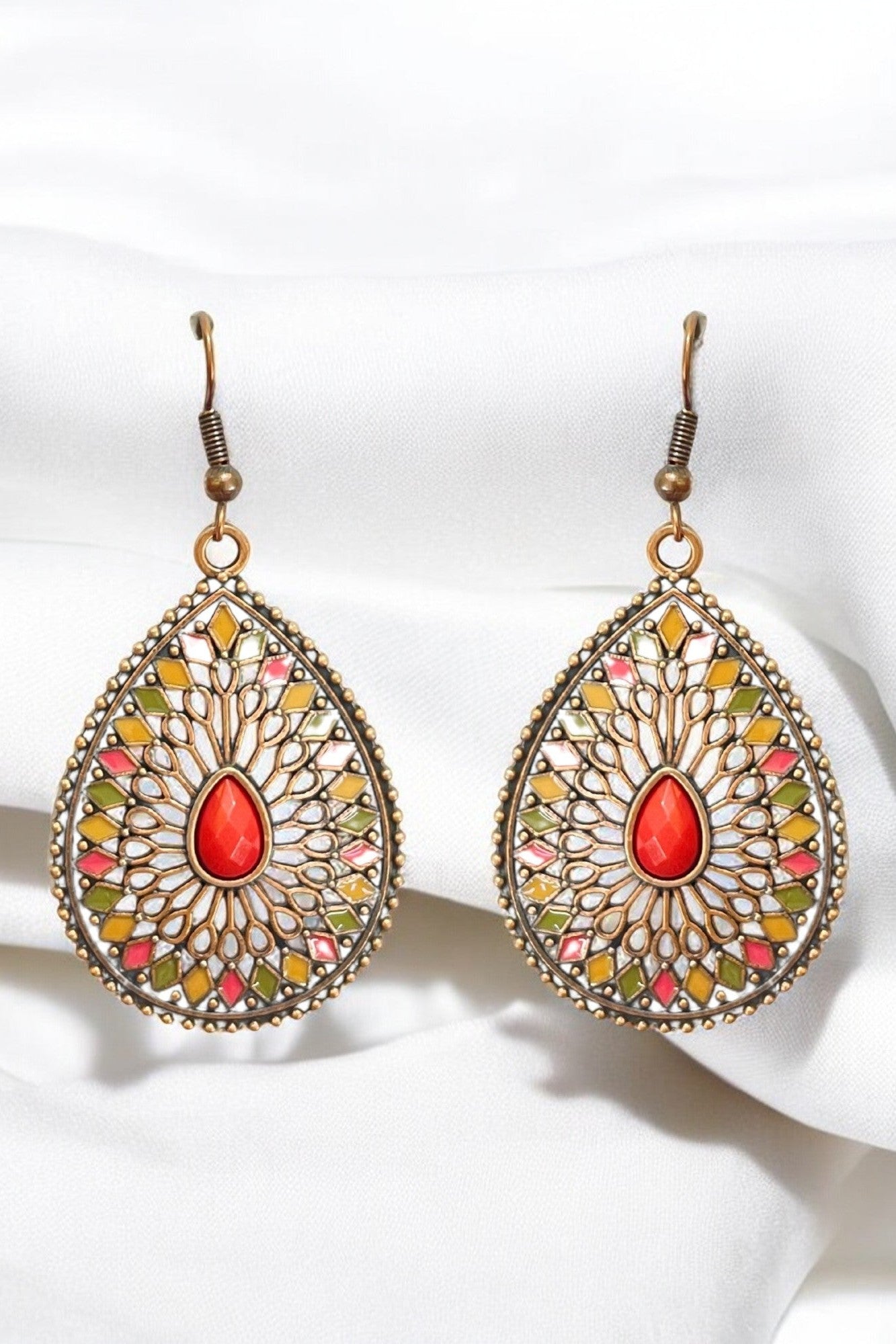 OMID Vintage Teardrop Dangle Earrings with Multicolor Enamel & Red Stone Center, Ethnic Statement Jewelry for Women & Girls