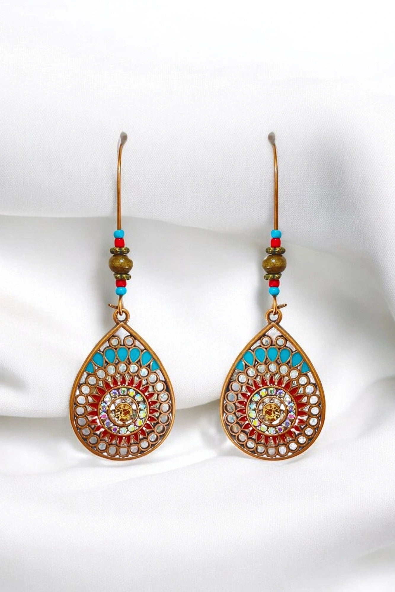 OMID Vintage Teardrop Dangle Earrings with Beaded Accents and Mandala Design, Multicolor Ethnic Jewellery for Women & Girls