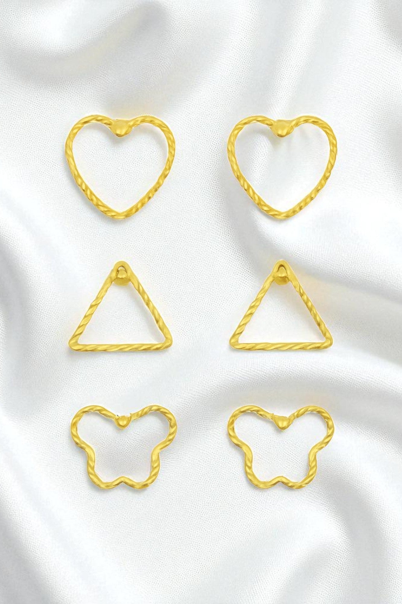 OMID, Elegant Gold-Tone Geometric Stud Earring Set – Heart, Triangle, Butterfly Shapes – Fashion Jewellery for Women & Girls (Pack of 3 Pairs)