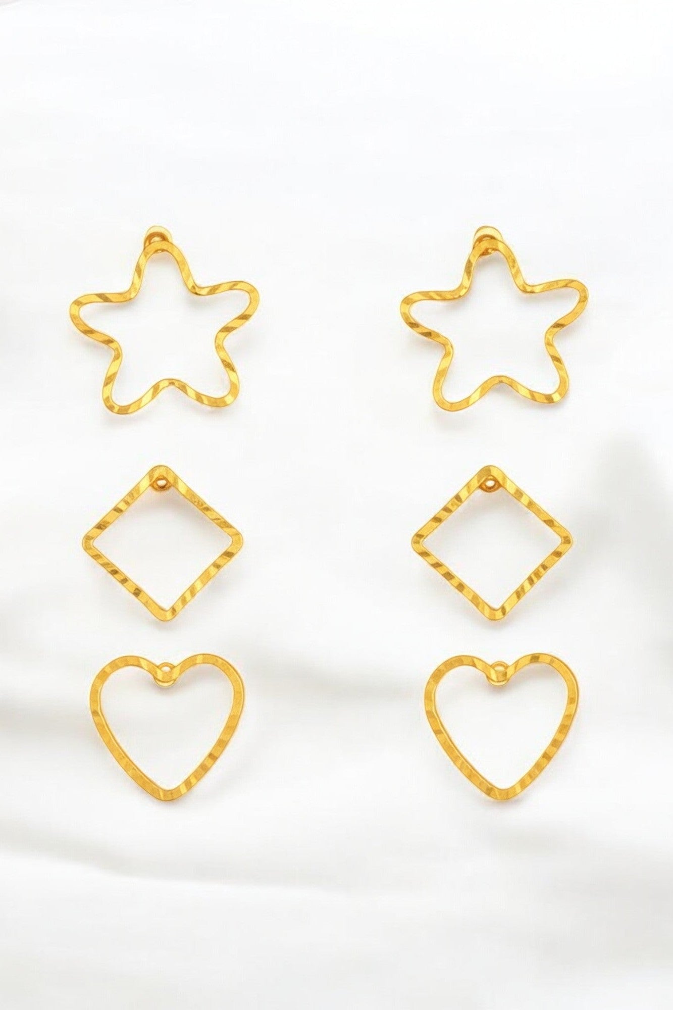 OMID, Geometric Gold Earrings Set – Star, Square & Heart Shapes – Hypoallergenic, Lightweight, Trendy Design – For Women & Girls (Pack of 3 Pairs)