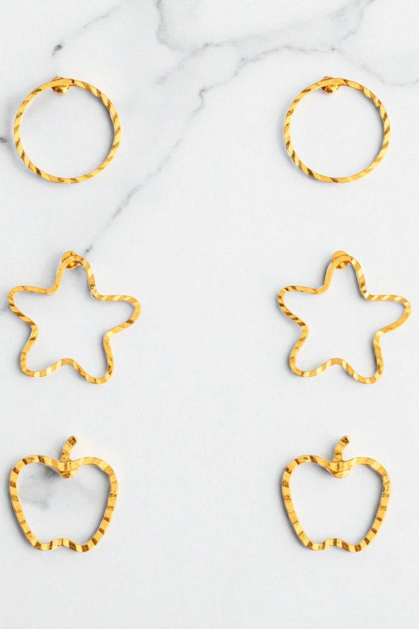 OMID, Gold-Toned Twisted Wire Shape Earrings Set – Round, Star, and Apple Design – Lightweight Fashion Jewellery for Women & Girls, (Pack of 3 Pairs)