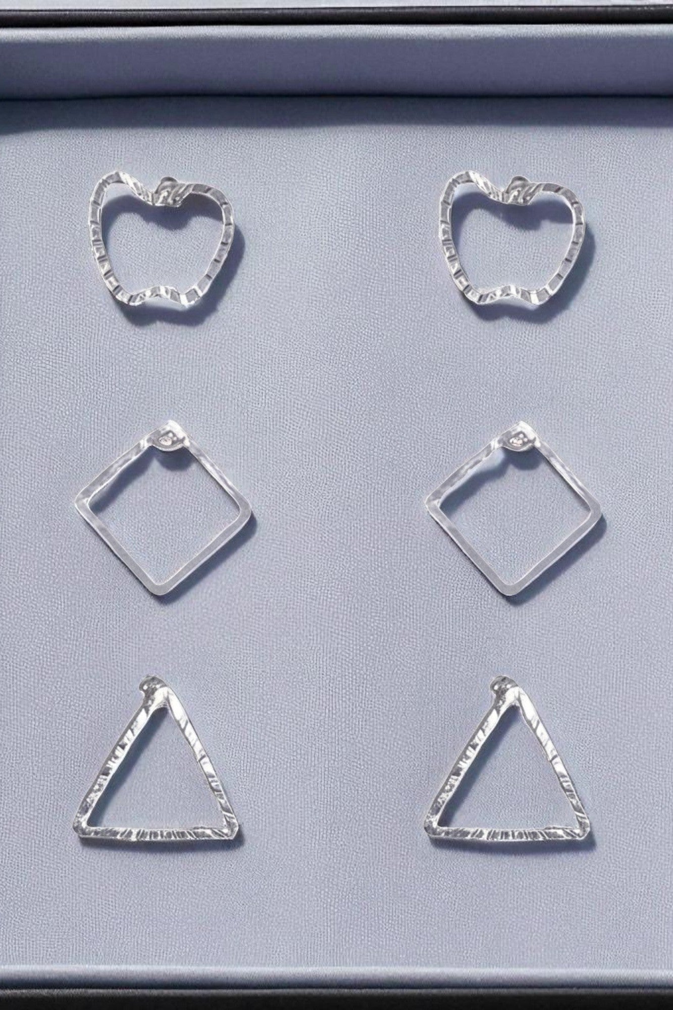 OMID, Minimalist Geometric Silver Earrings Set – Hammered Apple, Square, and Triangle Studs – Hypoallergenic Handmade Jewelry for Women & Girls, (Pack of 3 Pairs)
