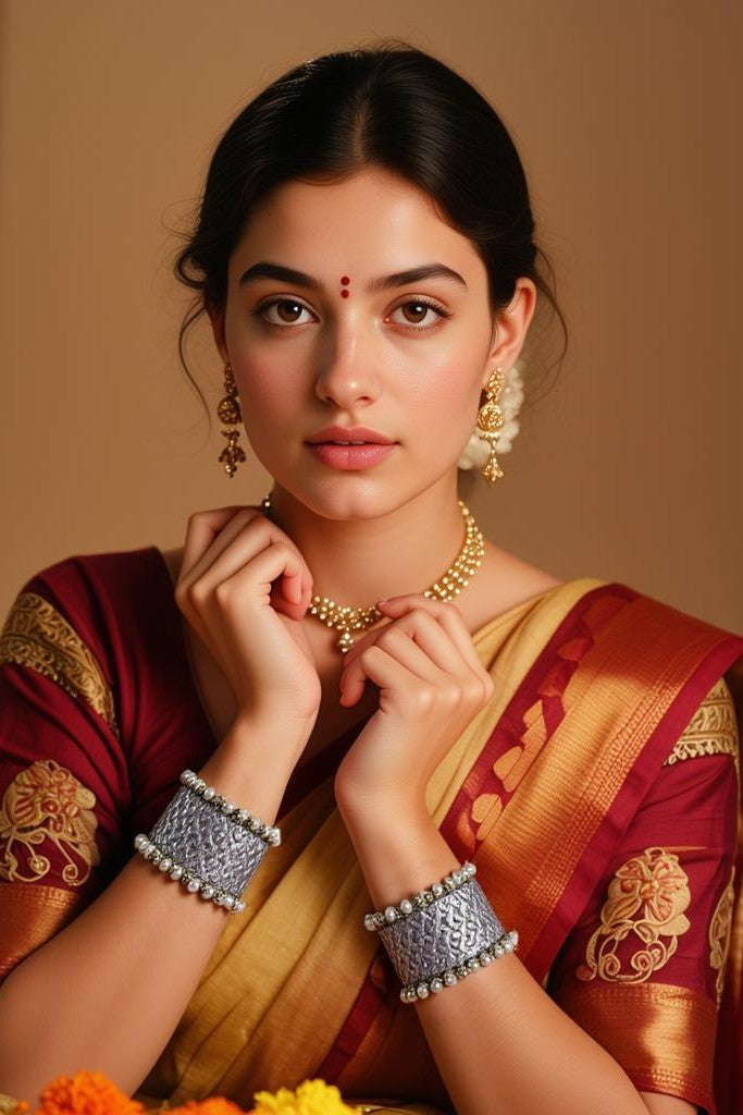 OMID, Ethnic Oxidized Silver Pearl-Studded Wide Cuff Bangles for Women & Girls | Handcrafted Adjustable Kada Bracelet Pair