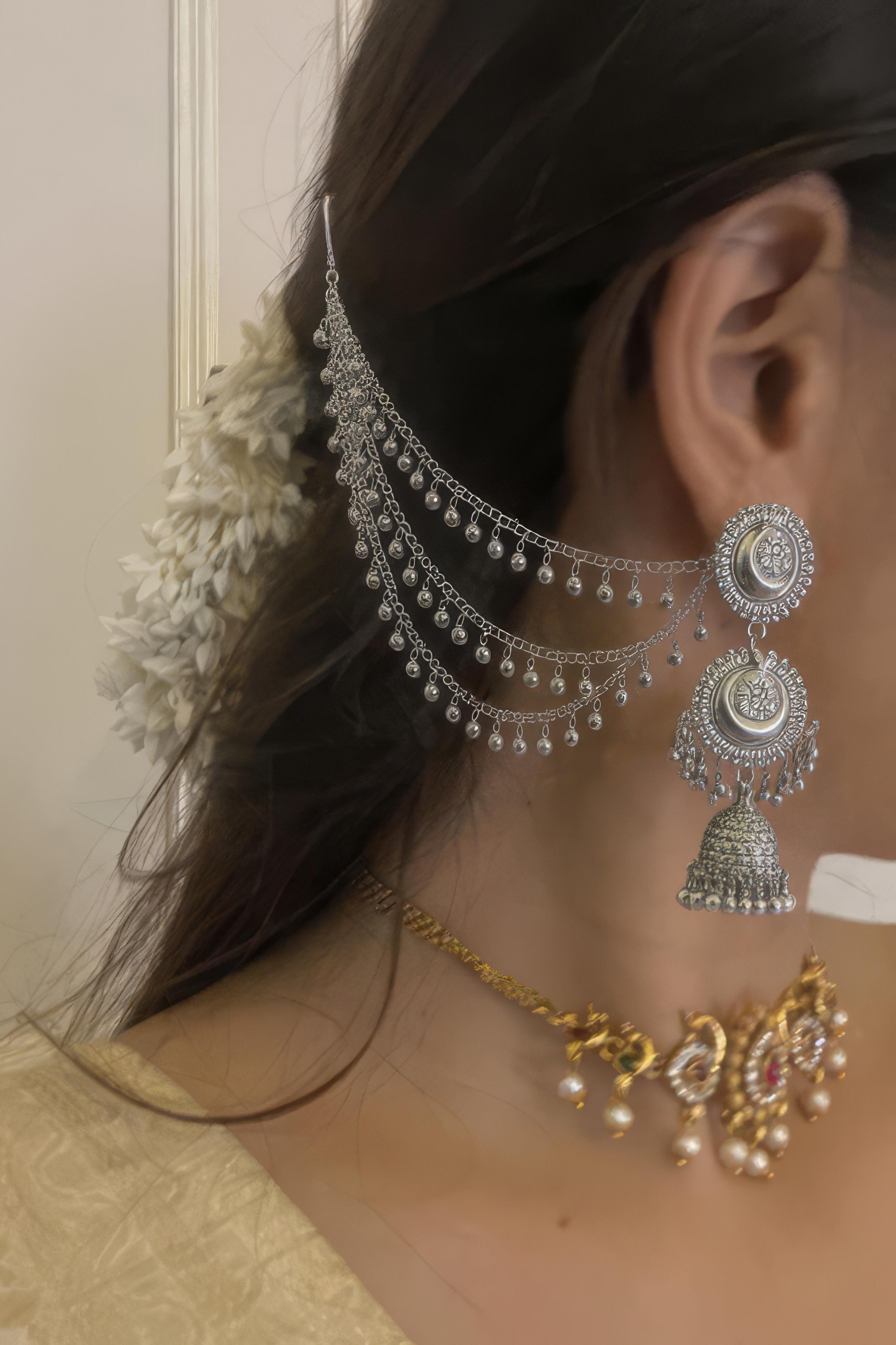 OMID, Traditional Oxidized Silver Jhumka Earchain Earrings for Women and Girls, Antique Indian Ethnic Bridal Ear Chain Jewellery