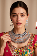 OMID, Oxidised Silver Mirror Work Choker Necklace Set for Women and Girls | Traditional Ethnic Jewellery with Earrings | Adjustable Thread