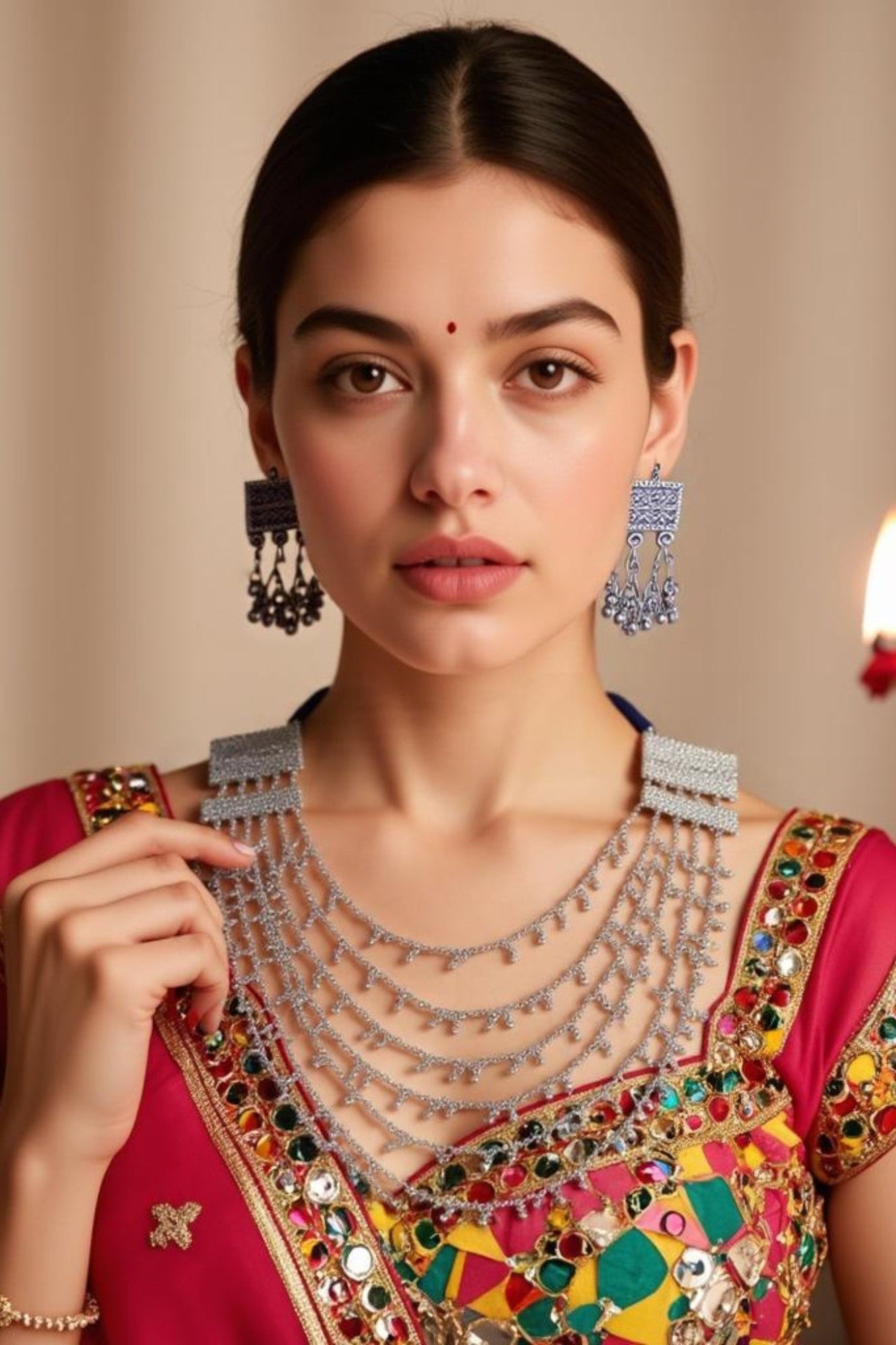 OMID, Oxidised Silver-Plated Layered Multi-String Necklace Set with Earrings for Women & Girls, Traditional Indian Jewelry