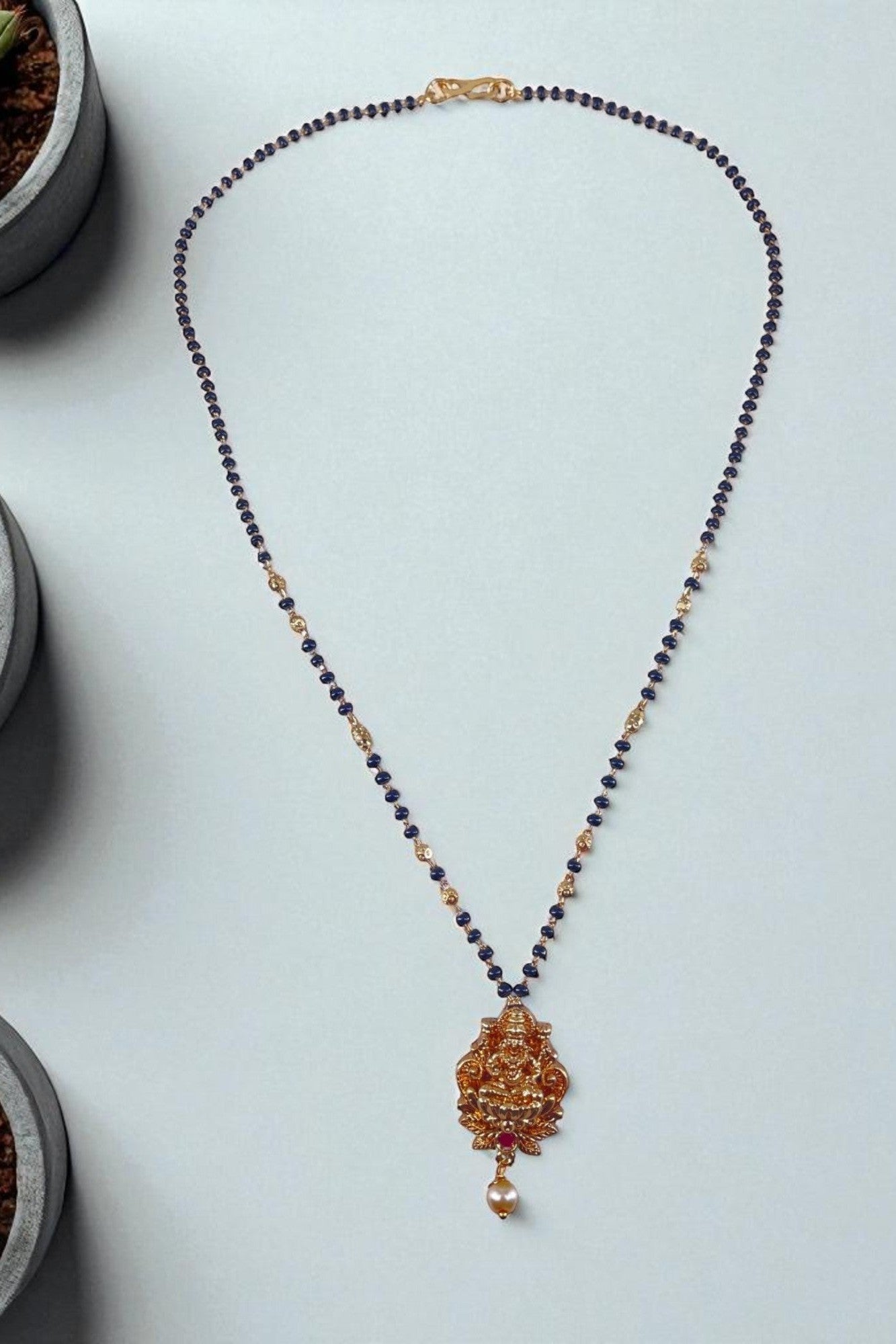 OMID, Traditional Black Bead Mangalsutra with Ganesh Gold-Plated Pendant and Pearl Drop for Women