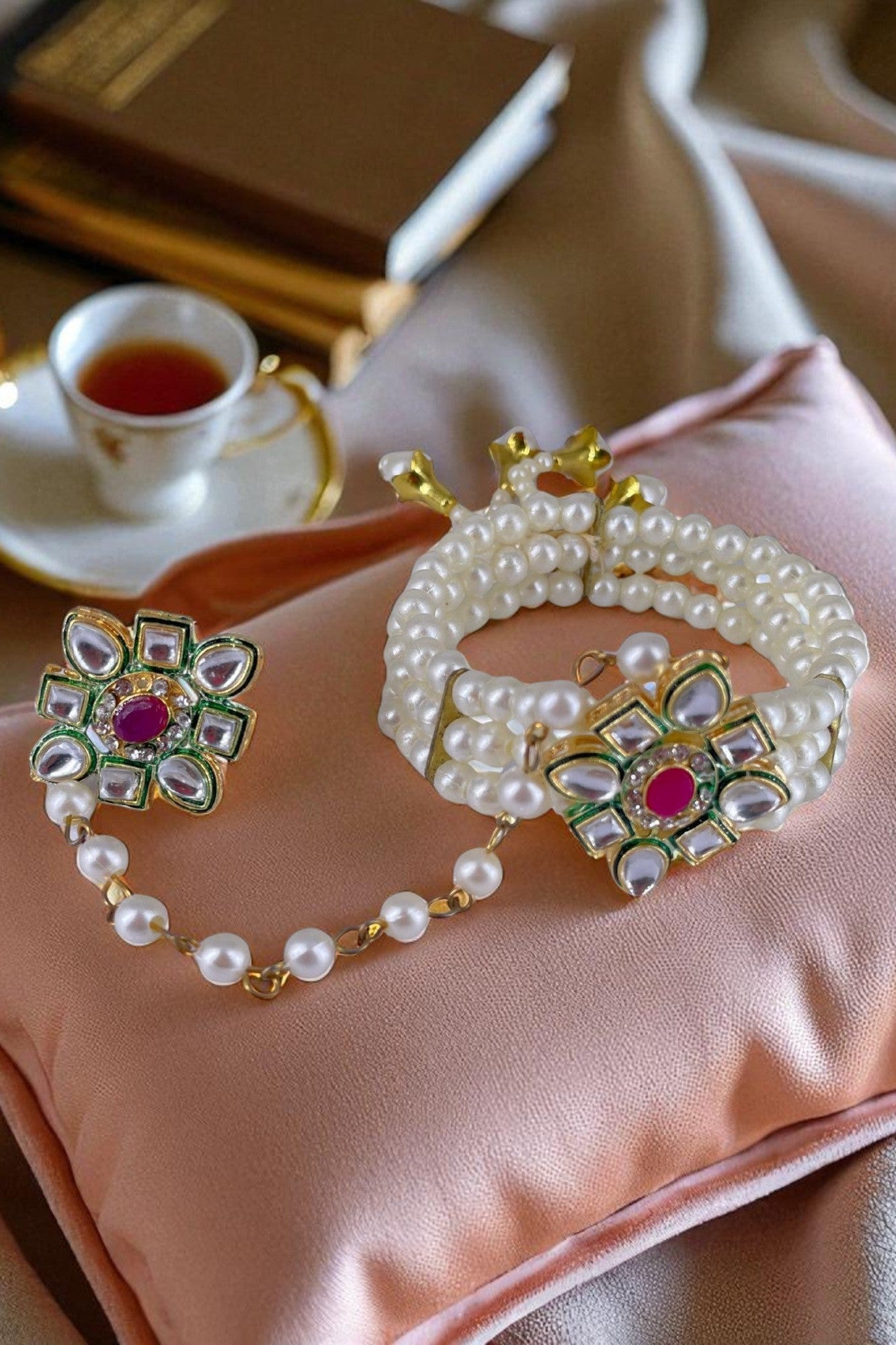 OMID, Traditional Gold-Plated Kundan & Pearl Haath Phool Hand Harness for Women & Girls – Bridal and Festive Wear