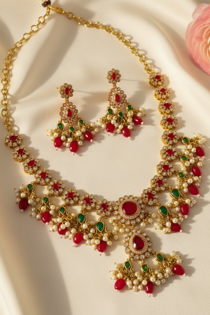 OMID, Traditional Kundan Gold Plated Bridal Necklace and Earring Set for Women – Red & Green Stone, Indian Ethnic Wedding Jewelry