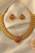 OMID, Traditional South Indian Bridal Necklace and Jhumka Earring Set | Antique Gold Plated with Ruby, Pearls & Kemp Stone | Wedding, Festive Wear