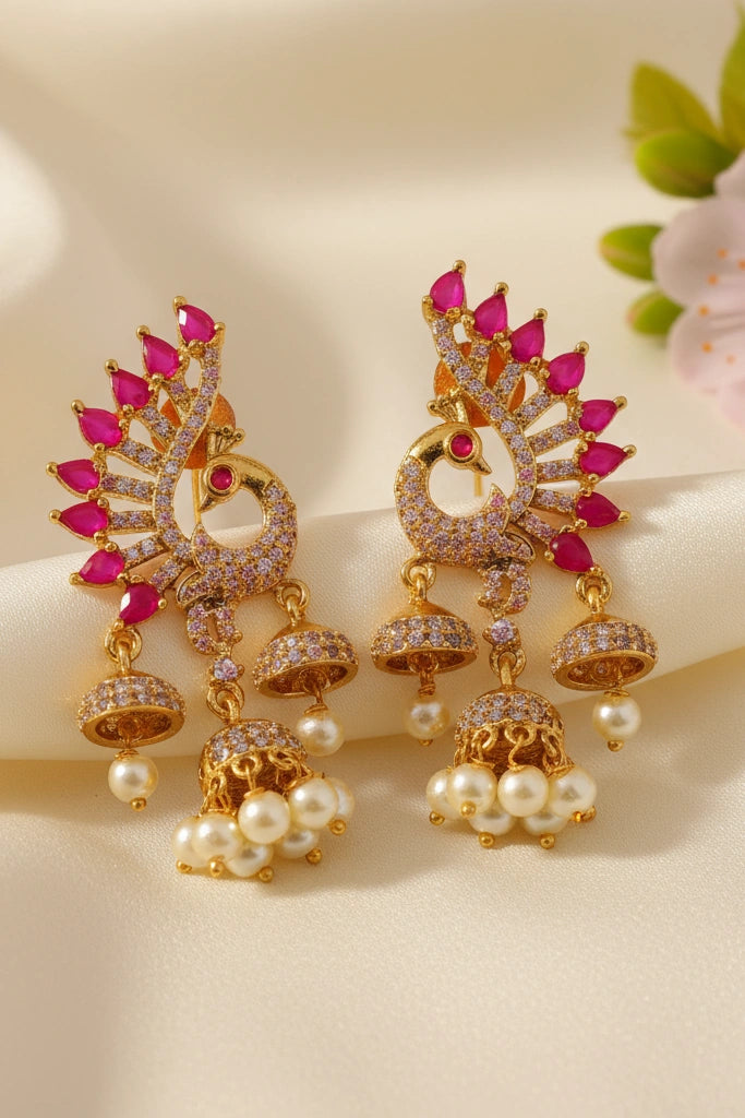 OMID, Gold Plated Traditional Pink Stone Jhumka Earrings with Pearl Drops for Women – Ethnic Indian Bridal Jewelry