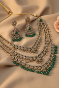 Traditional Green Stone Kundan Necklace Set for Women – Multi-layered Ethnic Bridal Jewelry with Earrings – Indian Wedding, Party, Festival Wear
