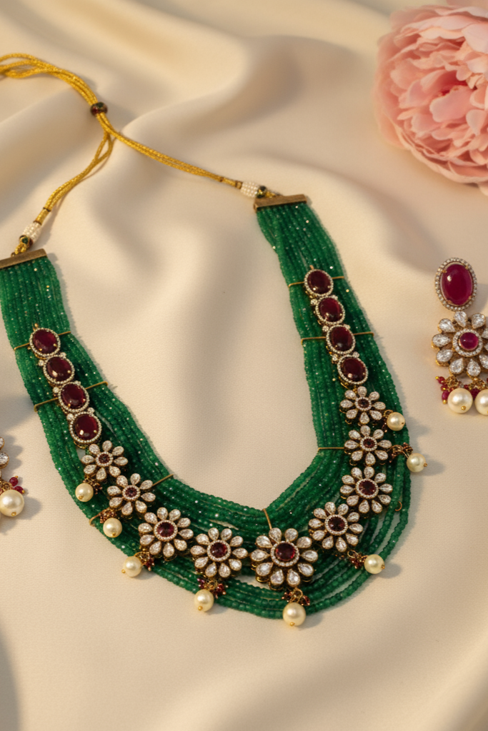 OMID, Traditional Indian Green Multi-Strand Beaded Long Necklace Set with Earrings, Gold-Toned Floral Accents, Ethnic Jewelry for Weddings & Festive Wear