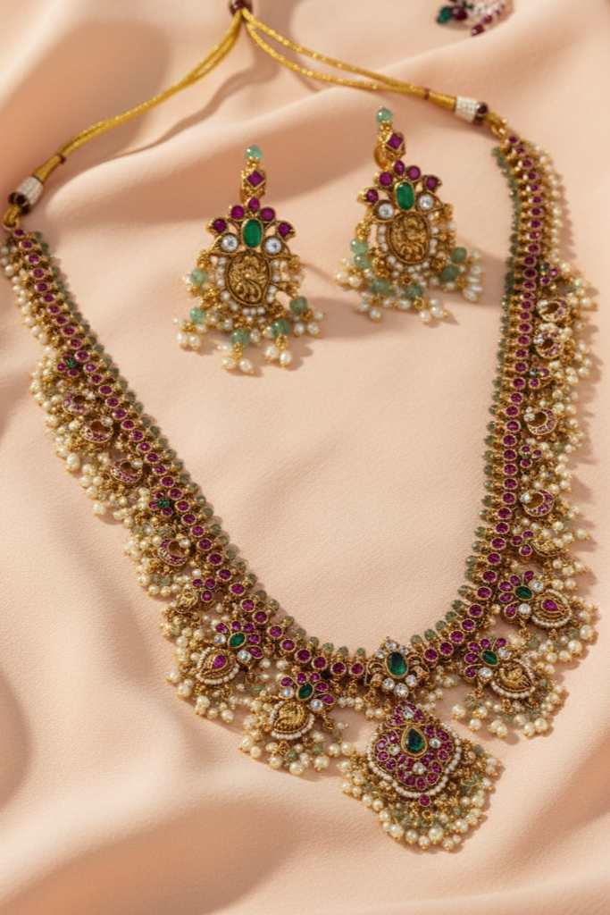 OMID, Traditional Indian Bridal Kundan Necklace Set with Earrings, Gold Plated, Green and Ruby Stones, Wedding Jewelry Set