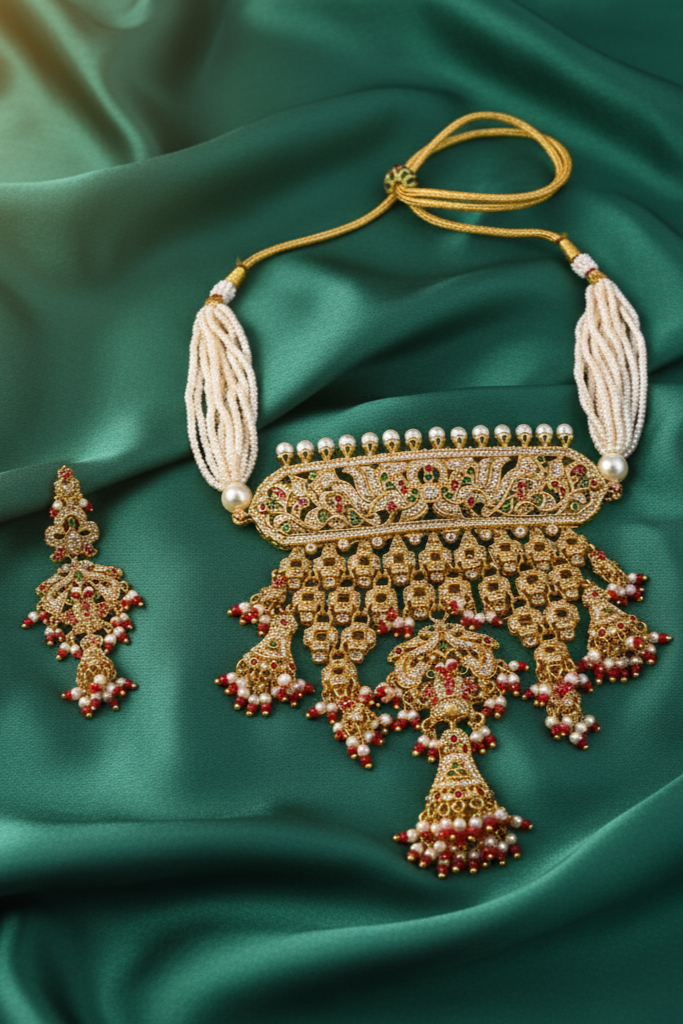 Traditional Indian Bridal Necklace and Earring Set – Ethnic Designer Gold Plated Set with Ruby Accents