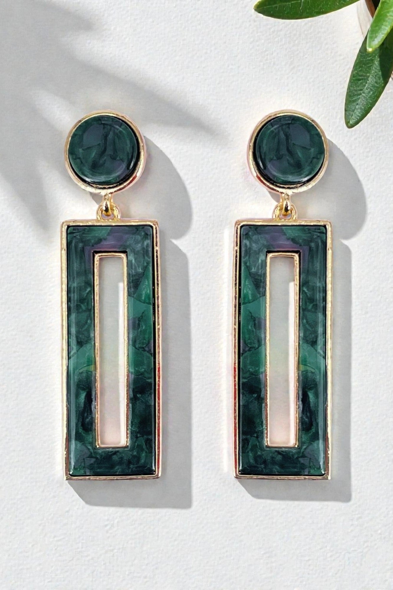 Emerald Green Geometric Rectangle Drop Earrings for Women and Girls
