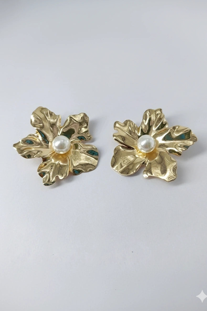 Gold-Tone Floral Pearl Stud Earrings for Women