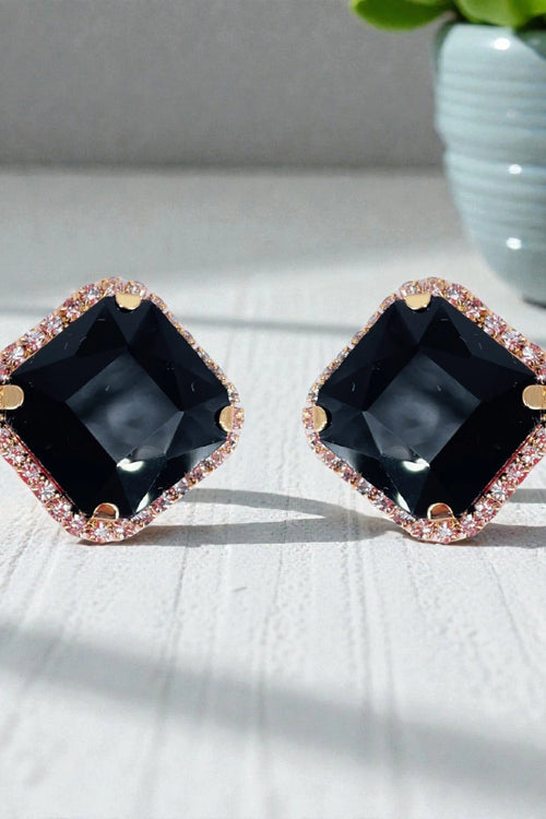 Black Square Crystal Halo Stud Earrings for Women and Girls
