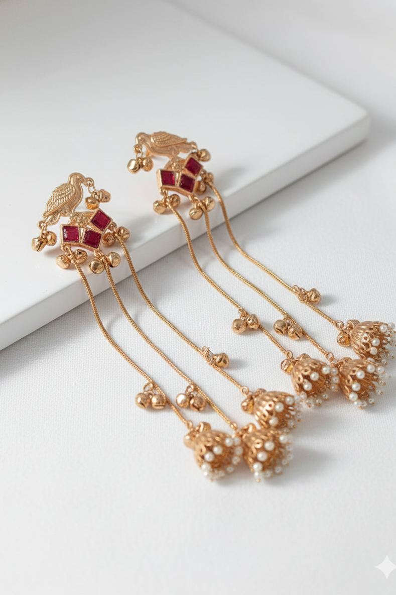Traditional Gold-Plated Bird Jhumka Earrings with Triple Chain Drop