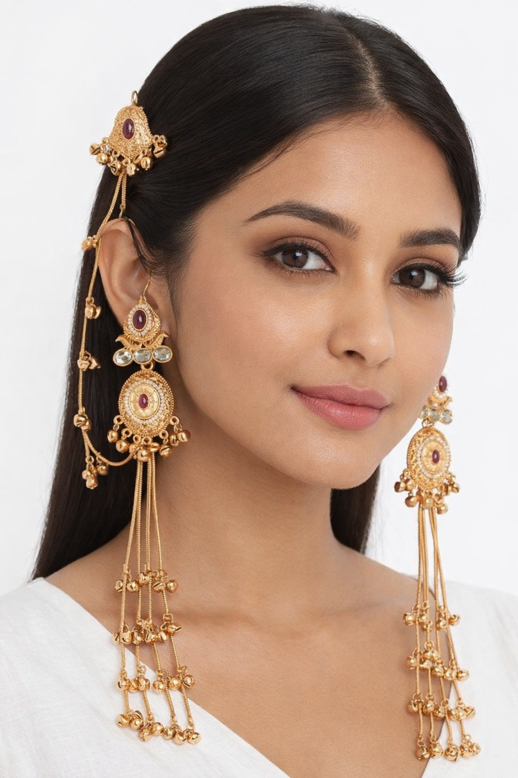 Traditional Gold Plated Bridal Jhumka Earrings with Hair Chain For Women and Girls