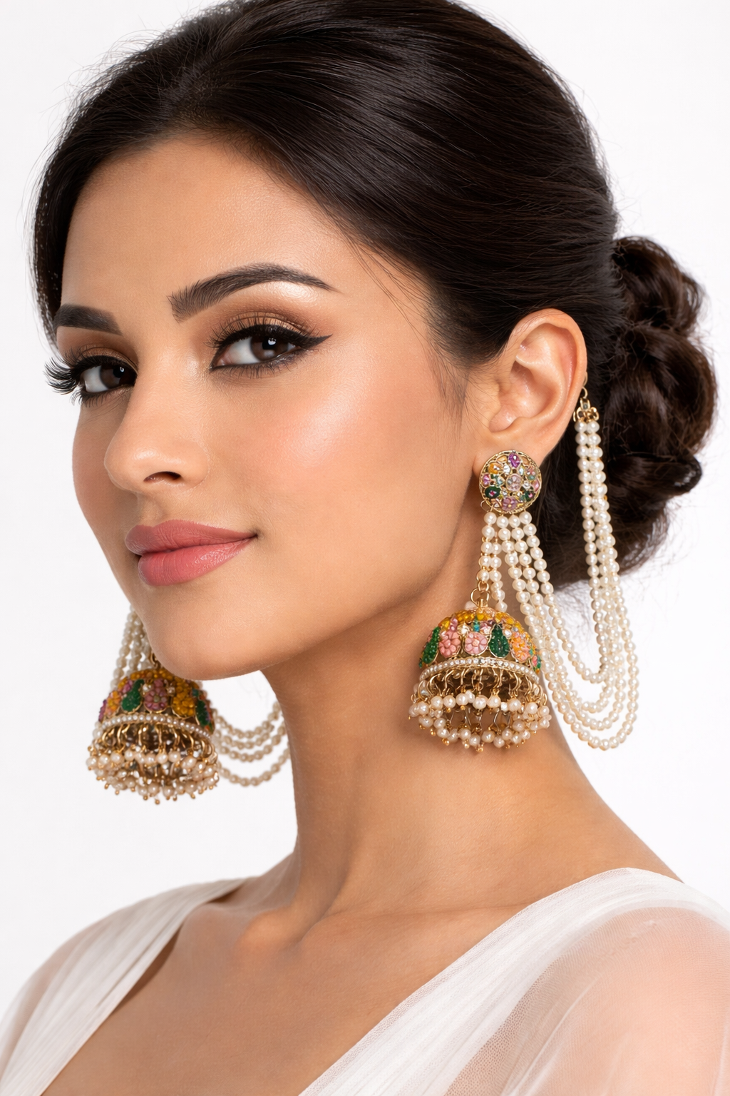 Bridal Kundan Multi-Strand Pearl Jhumka Ear Chain – Side Passa Style Earrings for Women and Girls