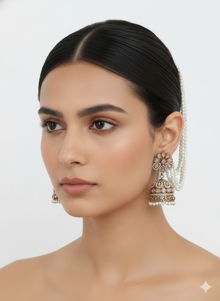 Elegant Multi-String Pearl Jhumka Earrings with Stone-Studded Floral Top for Women & Girls