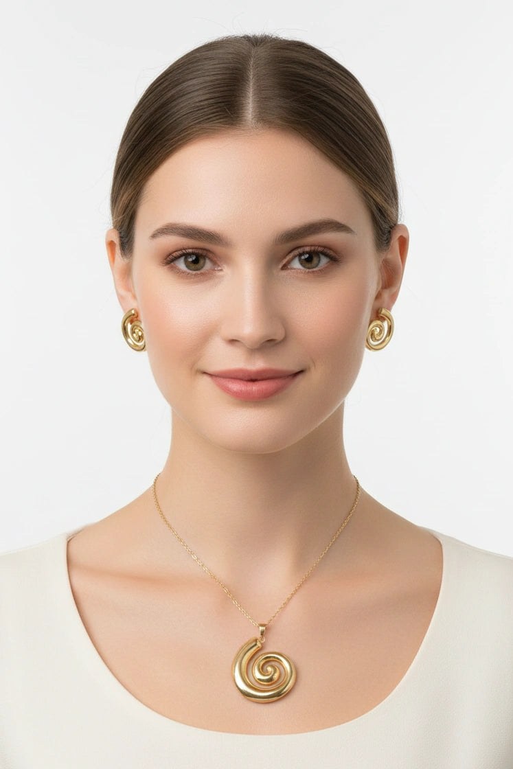 Golden Spiral Swirl Necklace Set for Women – Gold-Tone Stainless Steel Pendant with Matching Earrings