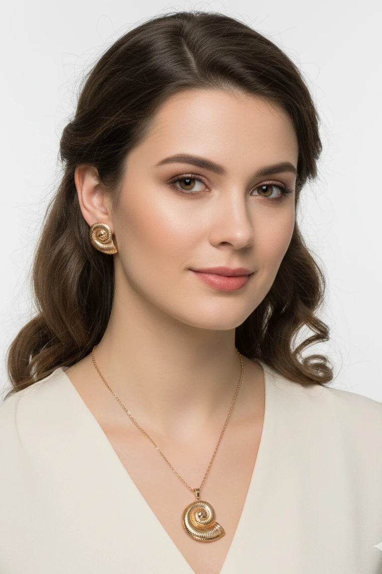 Golden Spiral Shell Pendant Necklace Set with Matching Stud Earrings - Traditional Gold-Tone Jewelry Set