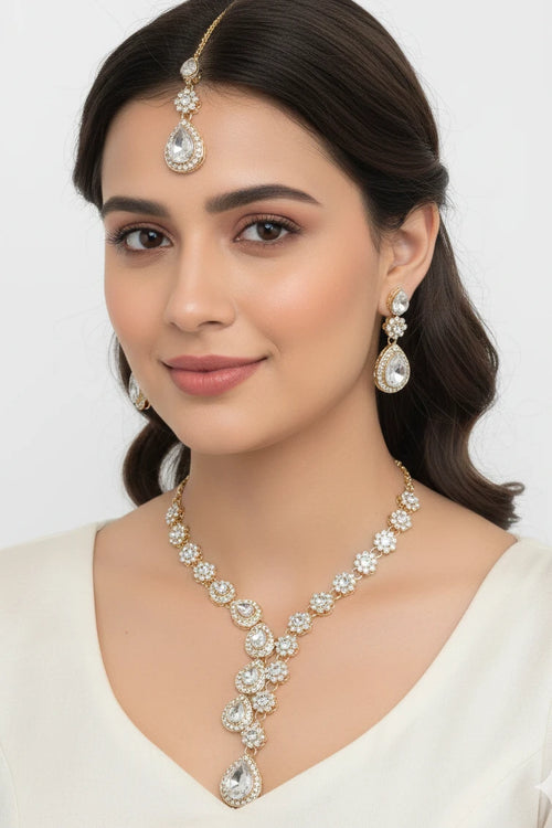 Bridal Gold-Plated Crystal Choker Necklace Set for Women and Girl (Necklace, Earrings & Maang Tikka)